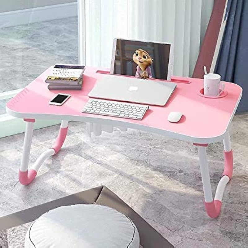 LIDBOX Foldable Wooden Mini Laptop Table for Bed, Study Table with Drawer, Tablet/Mobile Holder for Kids & Adults (Pink)