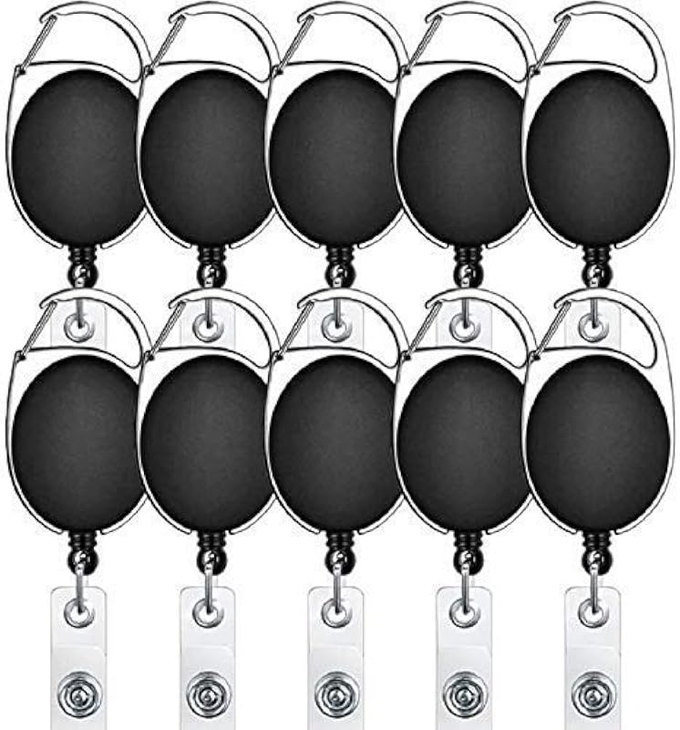 RangTeq Retractable Oval Badge with Key Chain ID Holder (Black), Pack of 10