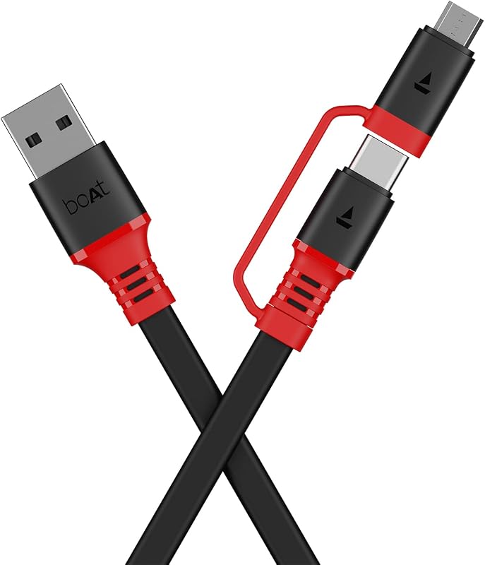 boAt Deuce Usb 500 Stress Resistant, Tangle-Free, Sturdy 2-In-1 Micro Usb For Personal Computer (Rebellious Black, 1.5M Le...