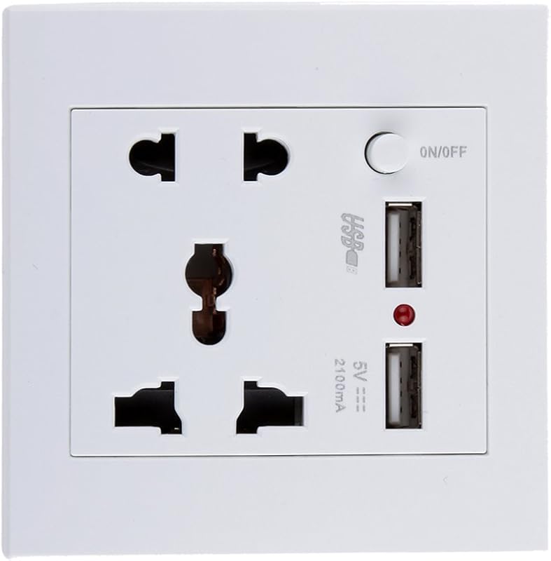 PC 2.1 A 2 USB Wall Socket Charger Power Panel Receptacle 5 Outlet Switch (White)