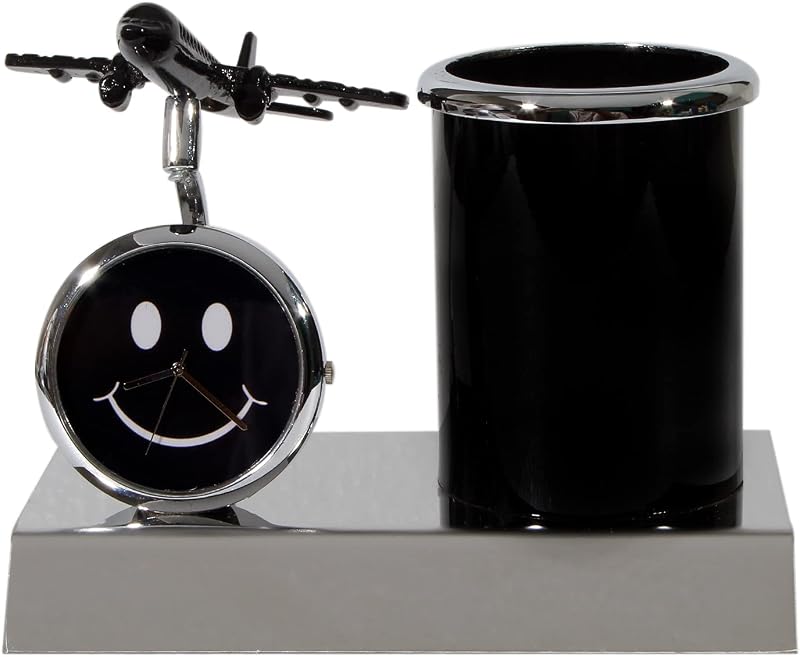 Decor Black Pen Stand for Office Table with Airplane Miniature, Clock and Pencil Holder - Stationary Desk Organizer