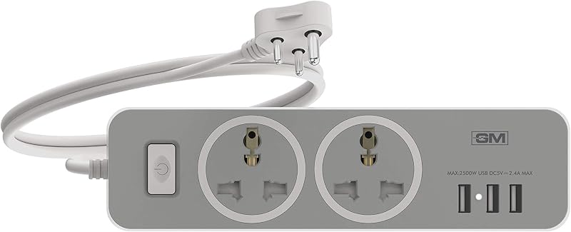 GM 3262 Cuba 3+1 Power Strip with Master Switch, Indicator, Safety Shutter, 2 International Sockets & 3 USB Ports 2.4A