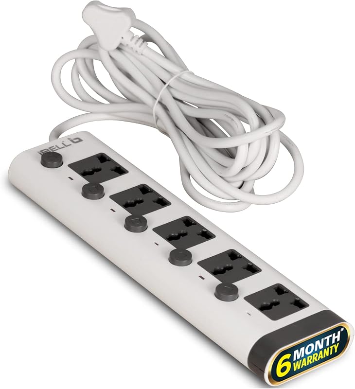 iBELL 5MPLUS Extension Cord / Board with 5 Meter Cord Length, 5 Way Multi Socket Spike Guard, 2500W, 10A, Individual Switc...