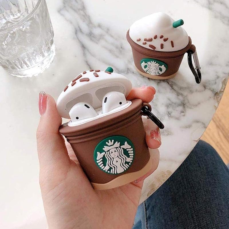Meyaar Cute Silicone Case Cover with Keychain, 360° Protective Case Compatible with Apple Airpods 2 &1 (Starbucks Coffee -...