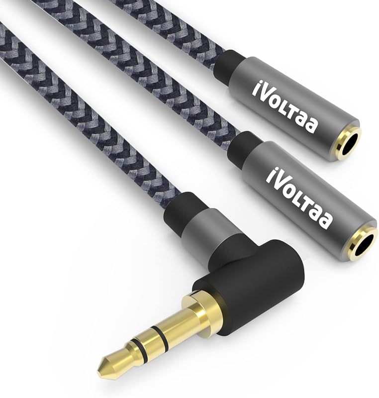 iVoltaa 3.5mm Metal Braided Aux (Auxiliary) to 2X Female Aux Audio Splitter Cable for Tablet - 0.82 Feet (25 Cms) - Space ...