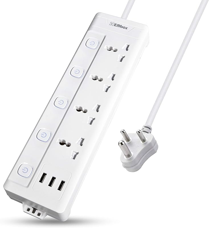 EMBOX 10A Extension board with usb port - 4 Universal Sockets and 3 USB (2.4 A) charging Ports with Indicator and Overload...