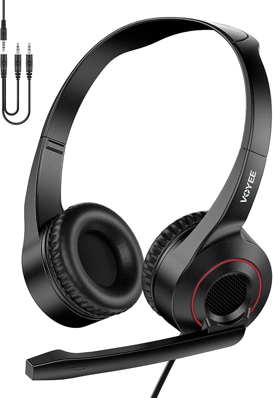 VOYEE Wired Headphone with Mic, 3.5 mm Audio Jack Headset with Microphone for Laptop/Office/Skype/Home/Online (Black)