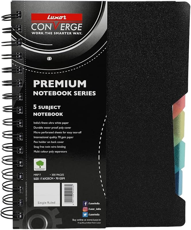Luxor 5 Subject Single Ruled Notebook - B5, 70 GSM, 300 pages