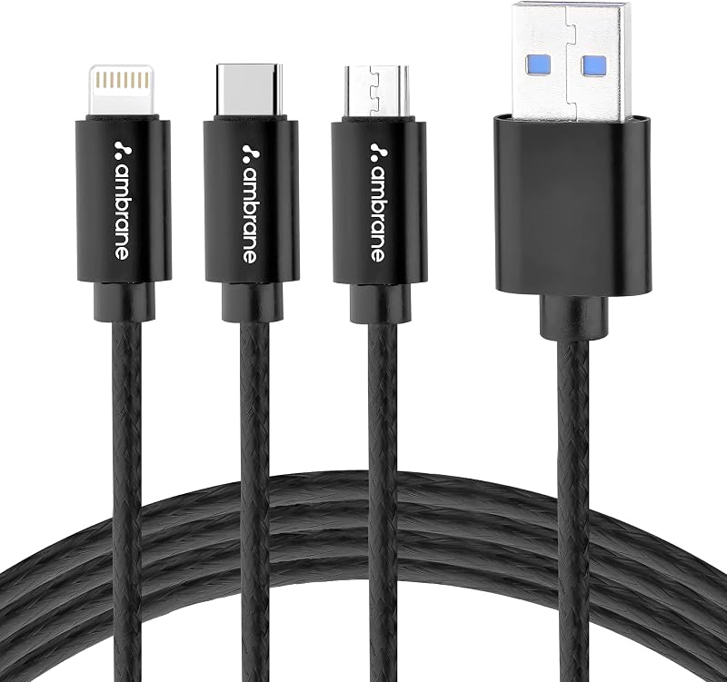Ambrane Unbreakable 3 in 1 Fast Charging Braided Multipurpose Cable for Speaker with 2.1 A Speed - 1.25 meter, Black