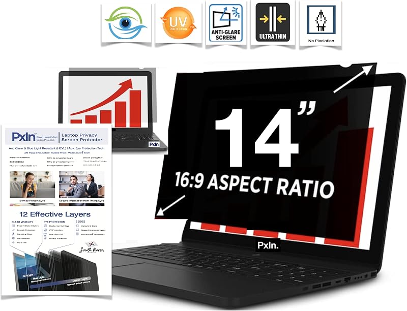 PxIn 14 Inch Privacy Screen Filter - NO Eye Strain | Anti Blue Light + Anti Glare | No Dry Eyes | 3M Hasp | Privacy Screen...