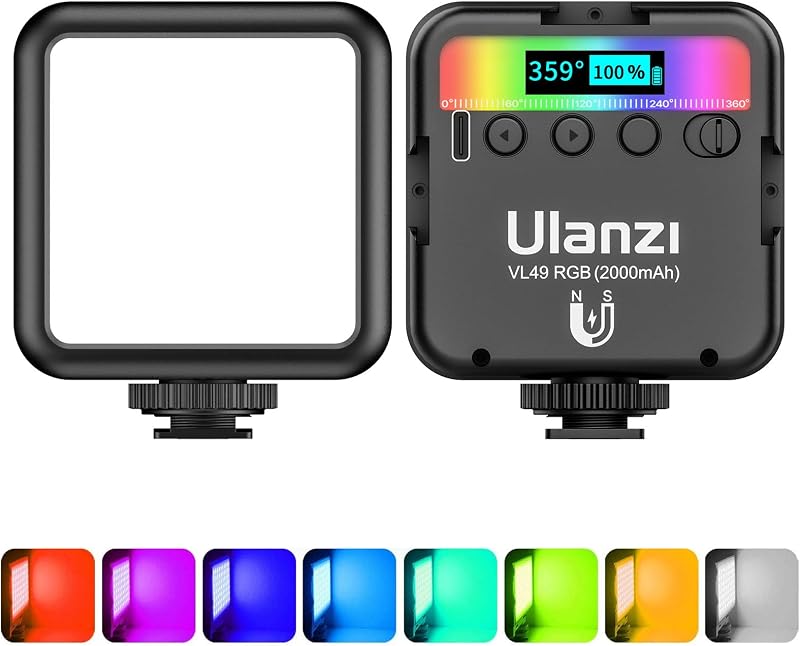 ULANZI VL49 RGB Video, LED Camera Light 360° Full Color Portable Photography Lighting with 3 Cold Shoe, 2000mAh Rechargeab...