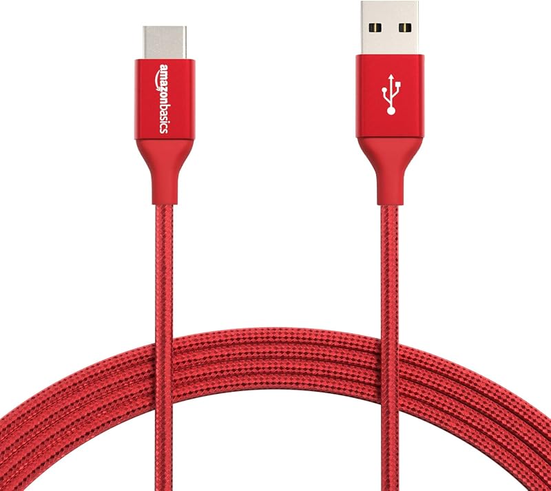 AmazonBasics Double Braided Nylon USB Type-C to Type-A 2.0 Male Cable for Laptop (Red, 10 Feet/3 Meters)