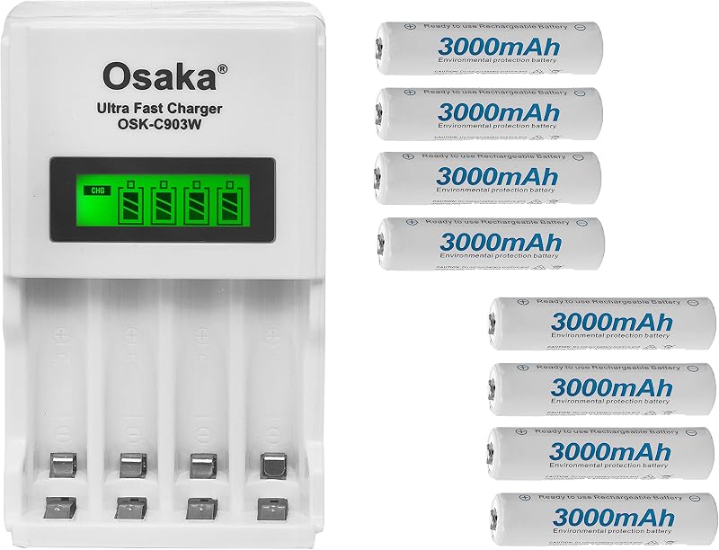 OSAKA HR06 3000mAh AA Ni-Mh Rechargeable Batteries 8 Pieces with OSK-C903W Battery Charger Set