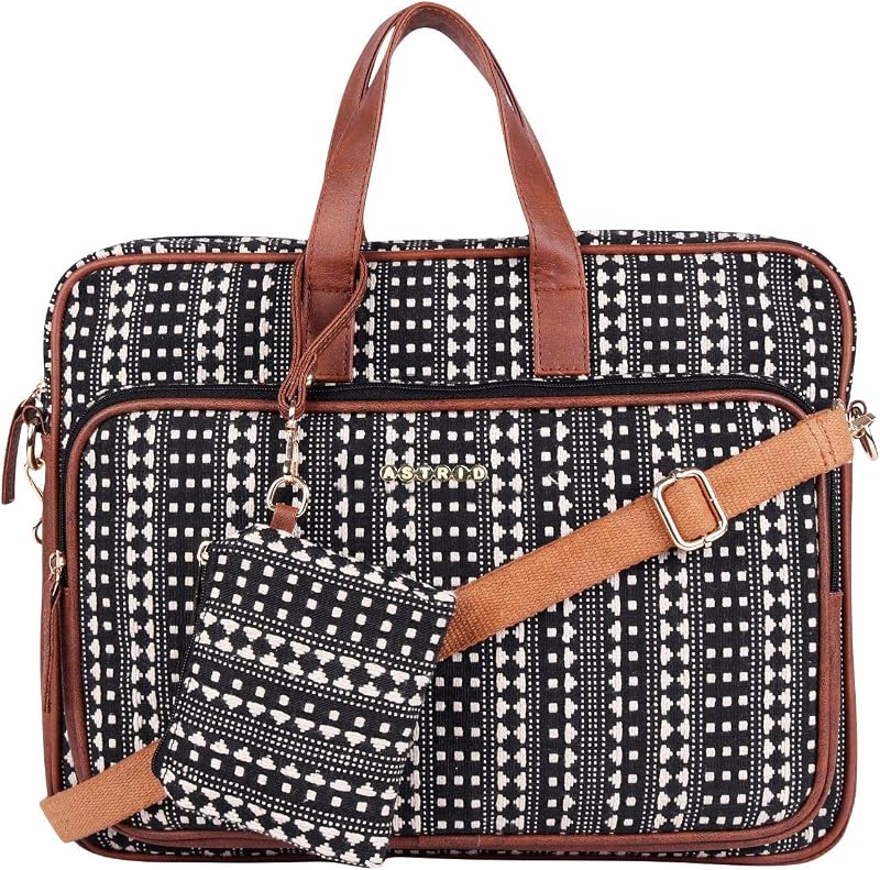 ASTRID Women's 17'' Black and White Textured Laptop Bag With Accessory Pouch