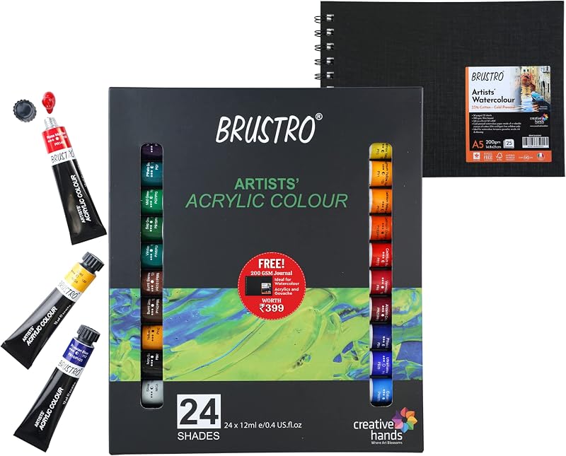 BRUSTRO Acrylic Paint set of 24, Multicolour 12ml tubes, Free 200 gsm artist journal A5 Ideal for Acrylic, watercolour and...
