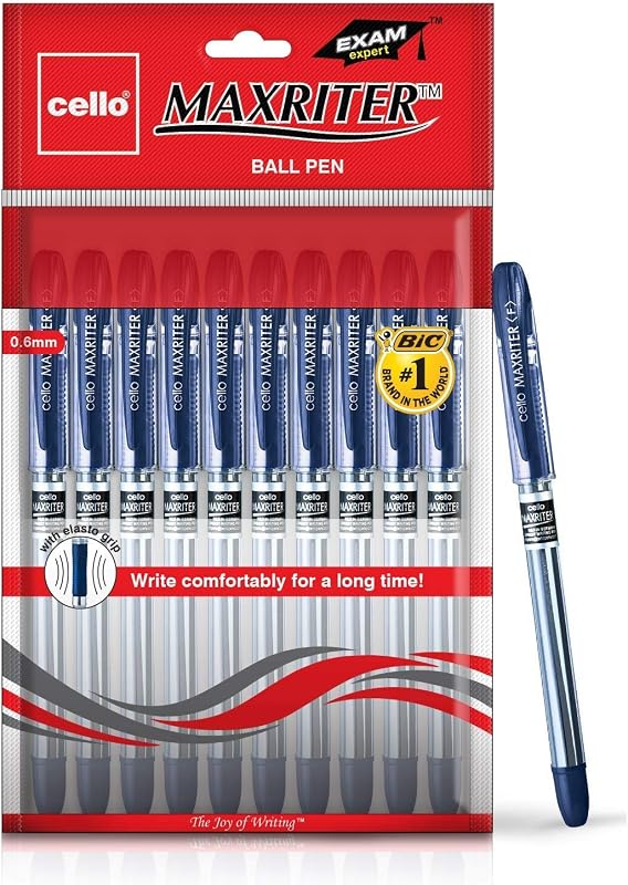 Cello Maxriter Ball Pen | Pack of 10 | Blue Ball Pens | Lightweight Ball Pens for Pressure Free & Fine Writing | Elasto Gr...