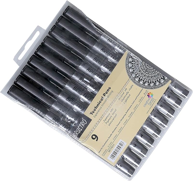 BRUSTRO Technical Pen (Set of 9) (Includes: 1 each of 0.05mm; 0.1mm; 0.2mm; 0.3mm; 0.4mm; 0.5mm; 0.6mm; 0.8mm & Brush.)