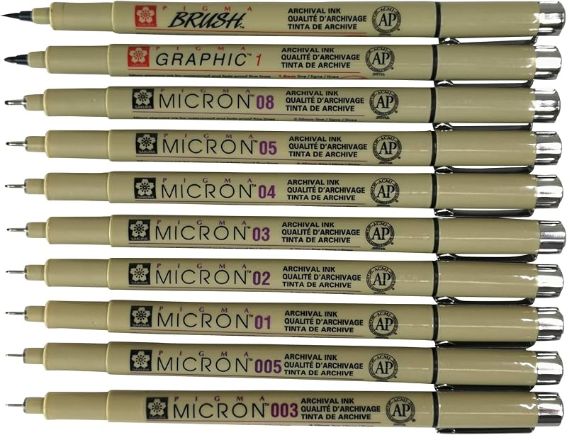 Sakura Pigma Micron 10 Fineliner pens Black Archival Ink Artist Drawing Sketch pens (003, 005, 01, 02, 03, 04, 05, 08), Gr...