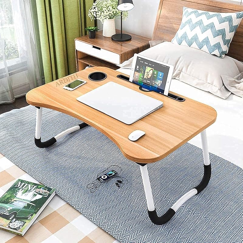 OFFENBERG Foldable Laptop Table with Cup Holder, Study Table, Bed Table, Breakfast Table, Foldable & Portable.->> (Wood)