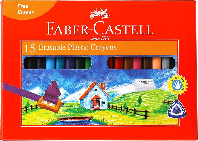 Faber-Castell Erasable Plastic Crayon Set - 70mm, Pack of 15 (Assorted)