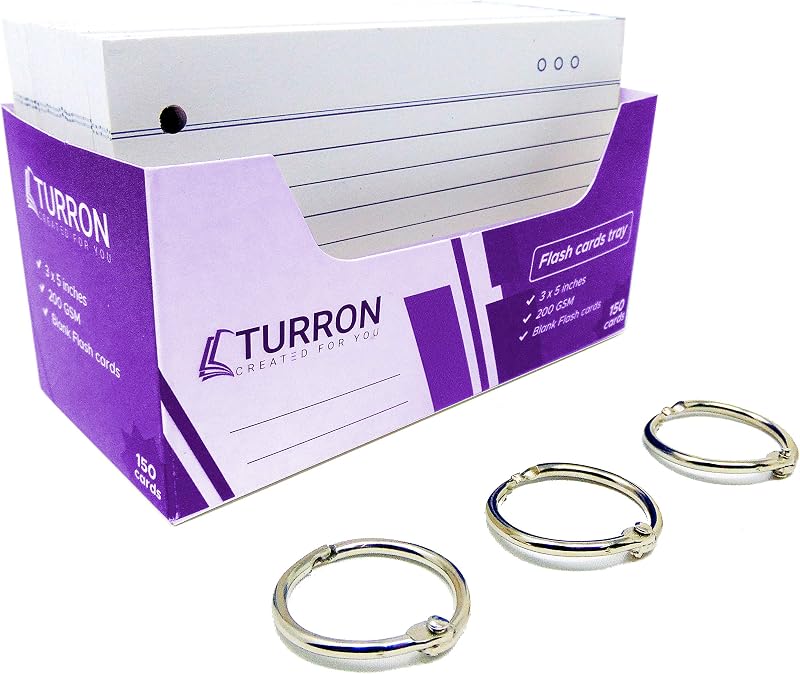 Turron Both sides Ruled Index Flash Cards Tray - 200 GSM, 150 Cards, 3x5 inch, White - with Free Binder Rings for Short No...