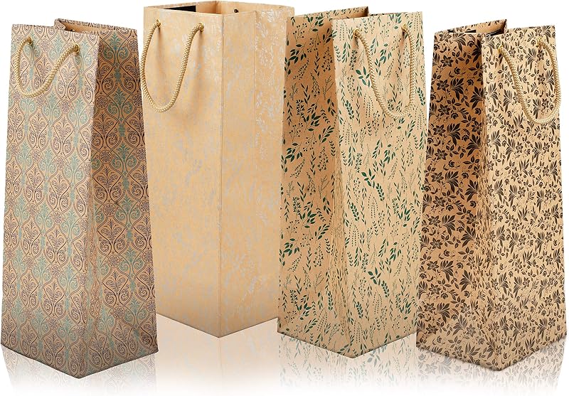 SWHF Wine & Gift Bottle Paper Carry Bags with Printed Design (Multicolored Pack of 4) (Small (5 * 5 * 14 Inches))